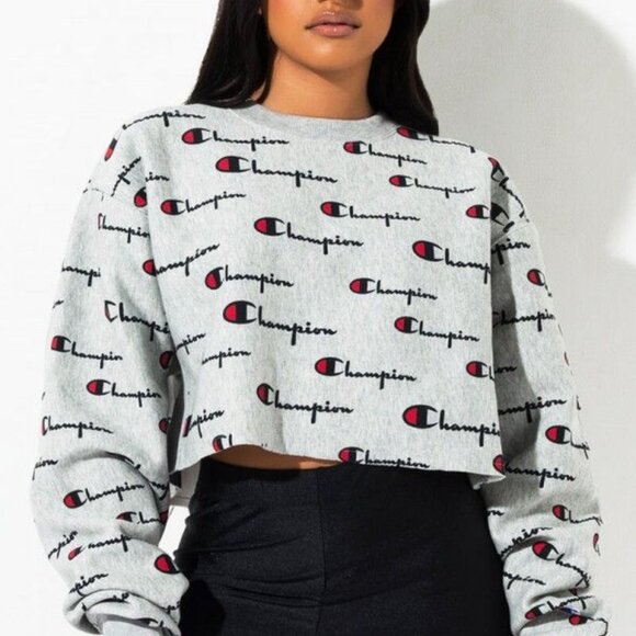 Champion Reverse Weave Oversized Cropped Sweatshirt All-Over Logo Design - Picture 1 of 15